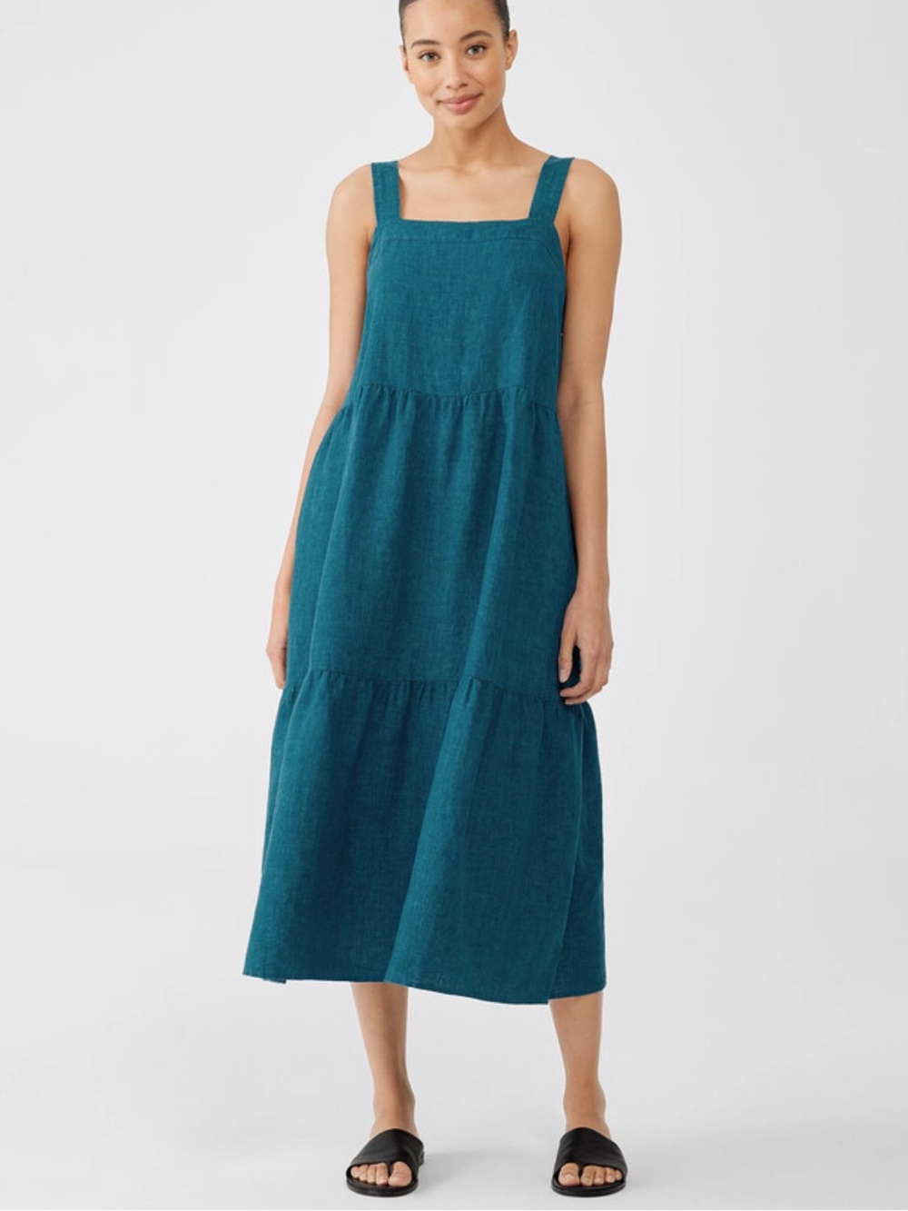 Eileen Fisher Teal Tiered Delave linen Midi Dress